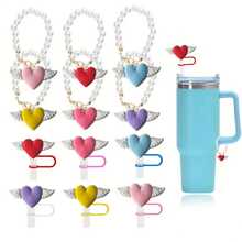 2pcs Straw Cover Set, Straw Cap + Pearl Chain, Pearl Chain Heart Wing Angel Wing Heart Straw Cap, Straw Cover Dust Cap - Multicolor - View 1
