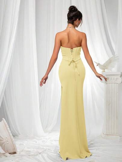 VIPGIRL Elegant Bridesmaid Dress: Strapless Fitted Satin Dress, Paired With Waist-Cinching Top And Draped Waistline - Minimalist Luxurious Formal Evening Gown, Suitable For Wedding Guest Attire Spring