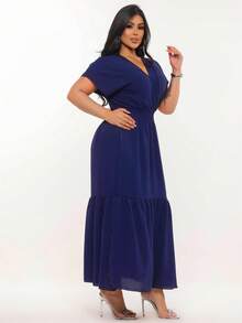 Long Dress With Ruffle And Evangelical V-Neck - 藏蓝色 - 查看 2