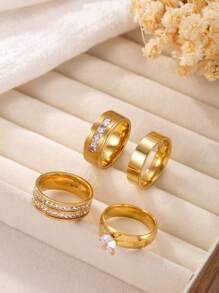 4/5 Pieces Fashionable And Exquisite Stainless Steel Ring 18k Gold Plated With Diamonds Round Square Ring Suitable For Women'S Daily Wear Dating Play Wedding Engagement Holiday Gift Jewellery