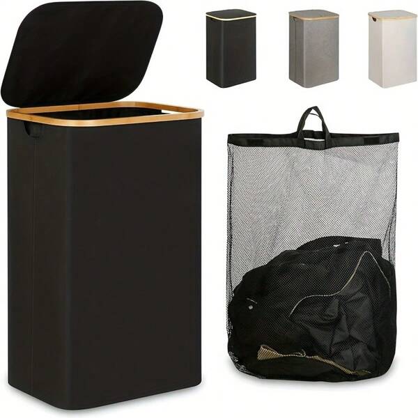 26.42 High Capacity Laundry Basket With Lid, Handle, Portable, Detachable Inner Bag, Clothes Basket With Bamboo Handle, Suitable For Dormitory, Bedroom, Bathroom Storage Organization, Folding Laundry Basket, Recycle Bin, Classic Style, Multiple Components, Rectangular Shape, Suitable For Various Room Types, Laundry Basket