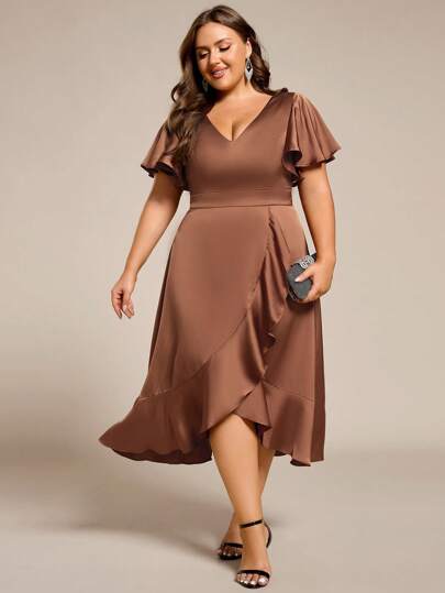 Plus Size Elegant Satin Ruffle Sleeve V-Neck Wedding Guest Dress Brown Formal Dresses For Evening Party