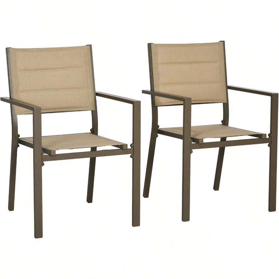 2 Pieces Garden Dining Chairs Aluminium Outdoor Armchair For 2 With Breathable Mesh Fabric Stackable Design Khaki - Brown - View 1