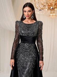 YISIKADO Rhinestone Contrast Satin & Mesh Luxurious High Waist Round Neck Long Sleeve Shiny Dress, Wedding Guest Party Dress Black Spring Fall - Black - View 7