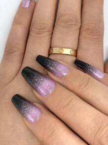 Galaxy Starry Gradient Black Nail Art Glittering Ballet Ultra Violet Flashing Wearing Artistic False Nails Pieces Showing White Nails Effect Press On Nails Nail Supplies
