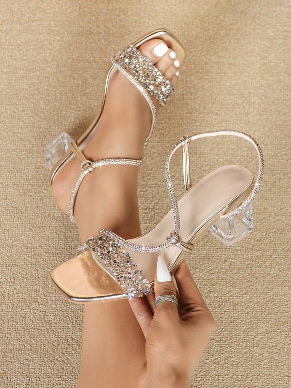 Women's Fashion Crystal Chunky Heel Sandals, Snake Crystal Strap Peep Toe Shoes, Party Glamour, Casual Versatile, Champagne Color Classic Valentines