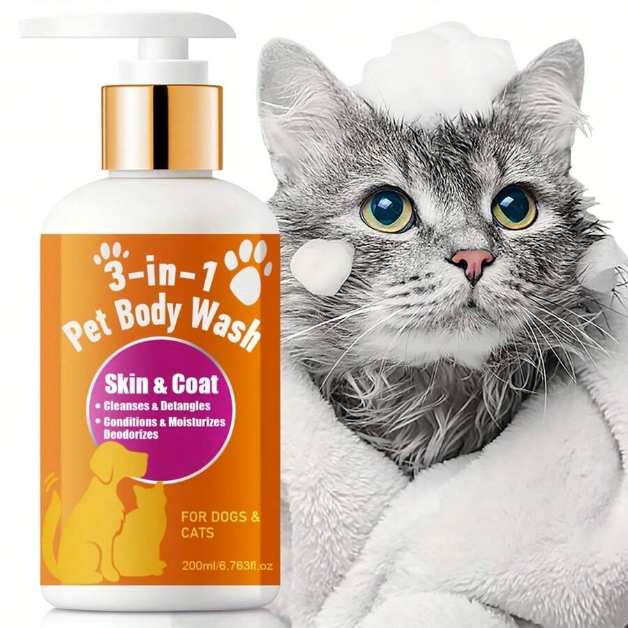 Shampooing pour animaux de compagnie 3-en-1 avec vitamine E - nettoie en profondeur et nourrit, élimine la saleté et l'huile, améliore la peau sèche et rugueuse de couleur beige clair, hydrate pour les chiens et les chats, utilisation quotidienne, formule nettoyante, ingrédients nourrissants