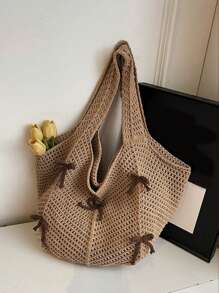 Yogodlns Bolso de hombro de punto casual y de ocio, bolso de mano bohemio y dulce con trenzado, bolso de mano de ganchillo calado con lazo grande, bolso tipo tote para vacaciones de verano para mujer, bolso hobo de unicolor y estético con gran capacidad, bolso de mano de punto grande para uso diario de señoras