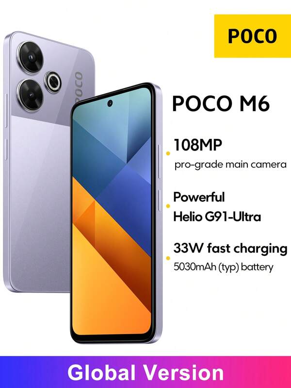 Xiaomi Smartphone POCO M6 Versiune globală 108MP Cameră principală Pro-Grade Ecran FHD+ de 6,79" 90Hz Procesor puternic Helio G91-Ultra Suportă încărcare rapidă de 33W Baterie masivă de 5030mAh (tip)