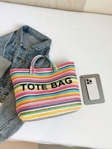 Bolsa tote de palha grande com letras listradas coloridas e bordadas, leve e prática, cor contrastante, bolsa para viagem na praia, adequada para mulheres, bolsa versátil, bolsa para laptop, bolsa de múmia, bolsa de viagem, bolsa grande unissex