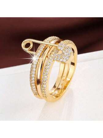 1 件别致多层 + 别针设计密镶闪亮锆石戒指，选择颜色搭配日常服装和派对配饰