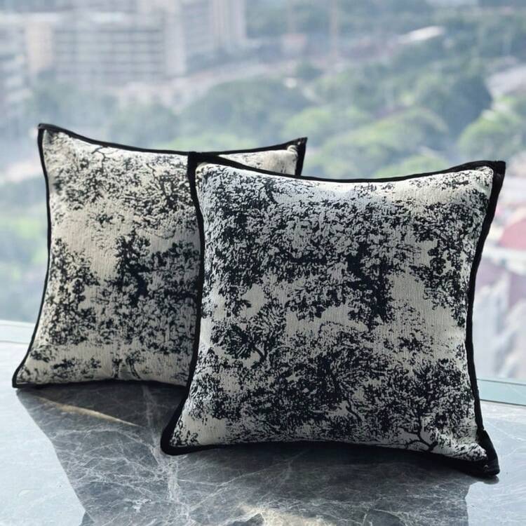 1 pièce Housse de coussin en chenille vintage classique à motif feuille noir et blanc - Noir et Blanc - Voir 4
