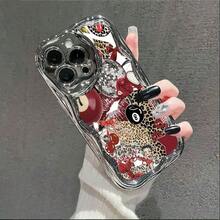 Red Collage Cherries Leopard Print Billiards Element Design  Glossy Cream Wave Plated Phone Case For IPhone16/15/ 14/13/12 /XsPro, Anti-Scratch Protective Cover With Wavy Design, Stylish Shockproof Mobile Case For Women Girls - 銀色 - 查看 5