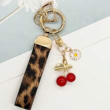 TTOBS 1pc Handmade Leopard Leather Car Key Chain With Cute Cherry Pendant - , Fashionable And Multifunctional Backpack Key Chain, The Perfect Accessory For Backpacks. The Perfect Gift For Valentine's Day, And An Excellent Gift For Your Beloved Girlfriend.