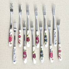 12PCS/Set Elegant Tableware, Ceramic Handle Floral Design, Including Ice Cream Spoon, Fruit Salad Fork, Stainless Steel Coffee Spoon, Dessert Spoon, Dessert Fork, Mixing Spoon, Tea Spoon, Seasoning Spoon, Honey Spoon, Suitable For Family Gathering & Afternoon Tea