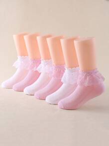 6 Pairs Children Lace Trim Mid-Calf Socks, Girls White Dance Socks, All Season