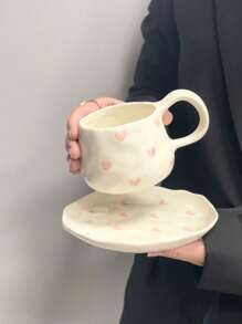 1 Pc/2 Pcs High-End Heart-Shaped Pinched Ceramic Coffee Cup & Saucer Set, Hand-Painted Pink Coffee Cup, Dessert Plate, Latte Mug, Elegant Heart-Shaped Cup & Saucer, Afternoon Tea Set, Milk Cup, Mother's Day Gift, Valentine's Day Gift, Ideal Gift Back To School