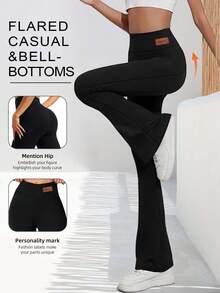 1pc Women's Spring/Summer High Waist Tight Fit Yoga Legging, Casual Flared Wide Leg Pants, Slimming Silhouette & Elastic 7/8 Length Bell Bottoms, Lightweight Fabric, Butt Lifting & Tummy Control Long Pants - Black - View 2