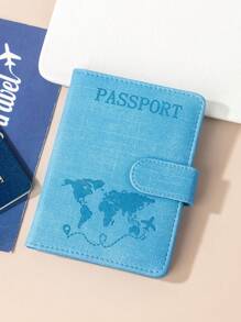 1 pieza Funda para pasaporte con acabado mate de material de PU, con mapa mundial e impresión de letras y diseño fijo, estuche/cartera/bolsa para pasaporte, artículo de viaje esencial para vacaciones, vuelos, regreso a la escuela, hombre y mujer