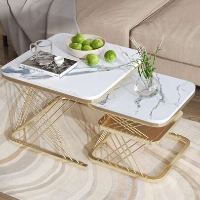 Tavolini impilabili a 2 pezzi, tavolino allungabile, impilabile, quadrato, moderno motivo marmo, tavolino laterale con struttura in metallo, adatto per camera da letto, soggiorno, balcone, giardino, arredamento minimalista, confezione da 2, bianco e oro