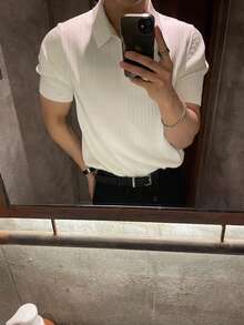 男士宽松修身纯色休闲Polo领短袖罗纹针织上衣，复古风格