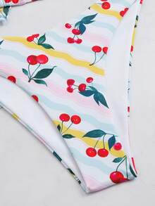 全花卉印花性感比基尼套装，休闲可爱优雅设计，带纽扣 - 白色 - 查看 4