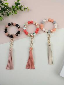 3-Piece Cute Printed Silicone Beads Solid Color Silicone Bead Beads Wrist PU Tassel Charm Keychain Bag Pendant Accessories Key Anti Loss Women's Bracelet Solo PU Tassel Pendant Gift For Friends, Relatives, And Friends Mother's Day Gift - Nhiều màu - Xem 5