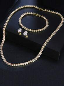 مجموعة مجوهرات من الزركونيا المكعبة 3 قطع للنساء، طقم أقراط إسورة سوار قلادة باللون الفضي، مجوهرات للعروس وحفلات الزفاف والأعياد والعطلات، هدية للزوجة والصديقة والسيدة العاملة