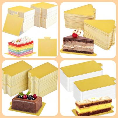 50/100 pezzi Basi in cartone per tortine, base per dessert in mousse dorato, tavolette monouso in cartone per cupcake, per presentazione di dessert per matrimoni, feste di compleanno - Resistente a unto e umidità, in varie forme (rettangolo, quadrato, triangolo)