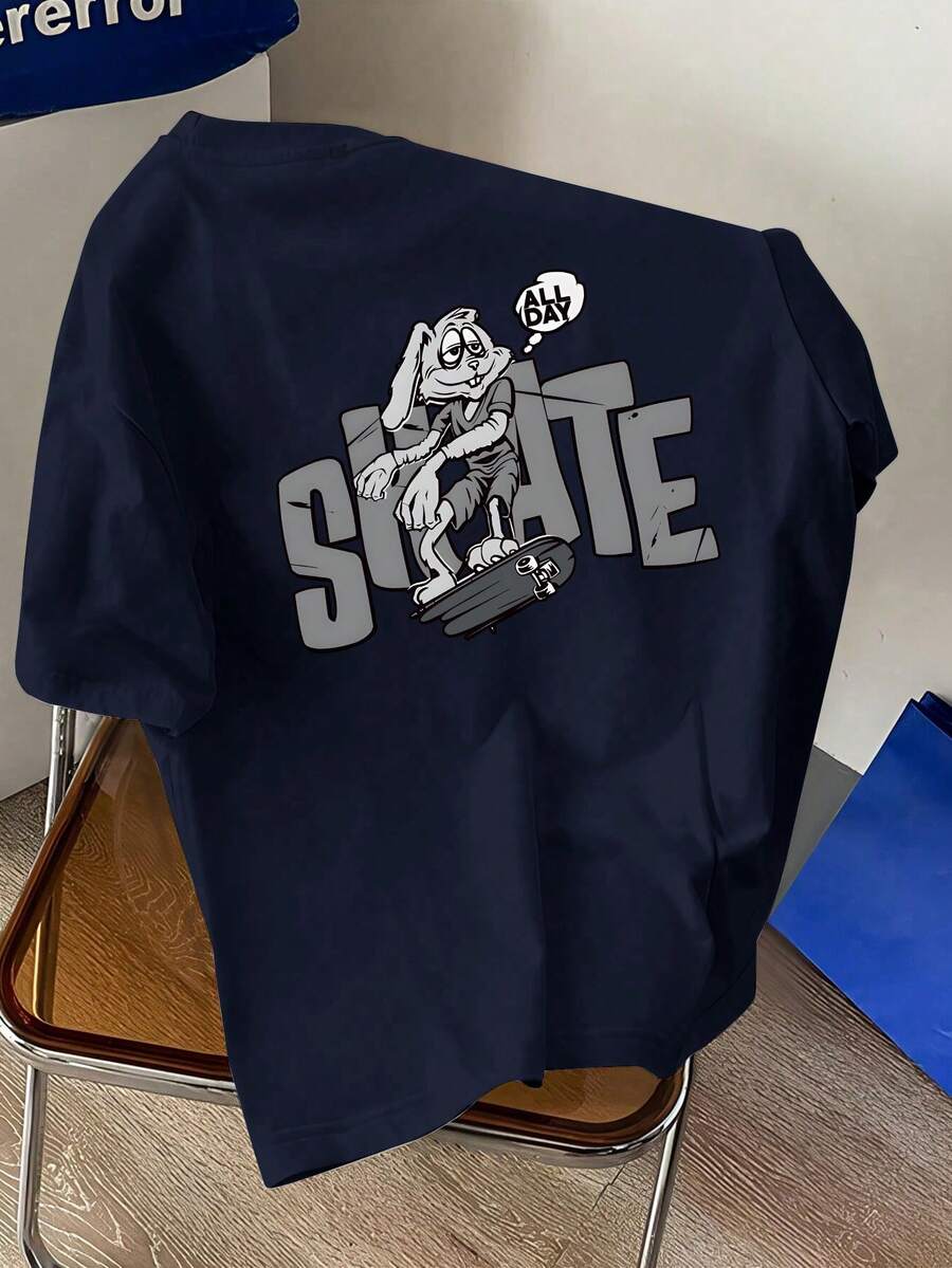 NEON DUSK 男士藏蓝色时尚字母兔子滑板印花圆领短袖T恤，休闲日常通勤款 - 藏蓝色 - 查看 1