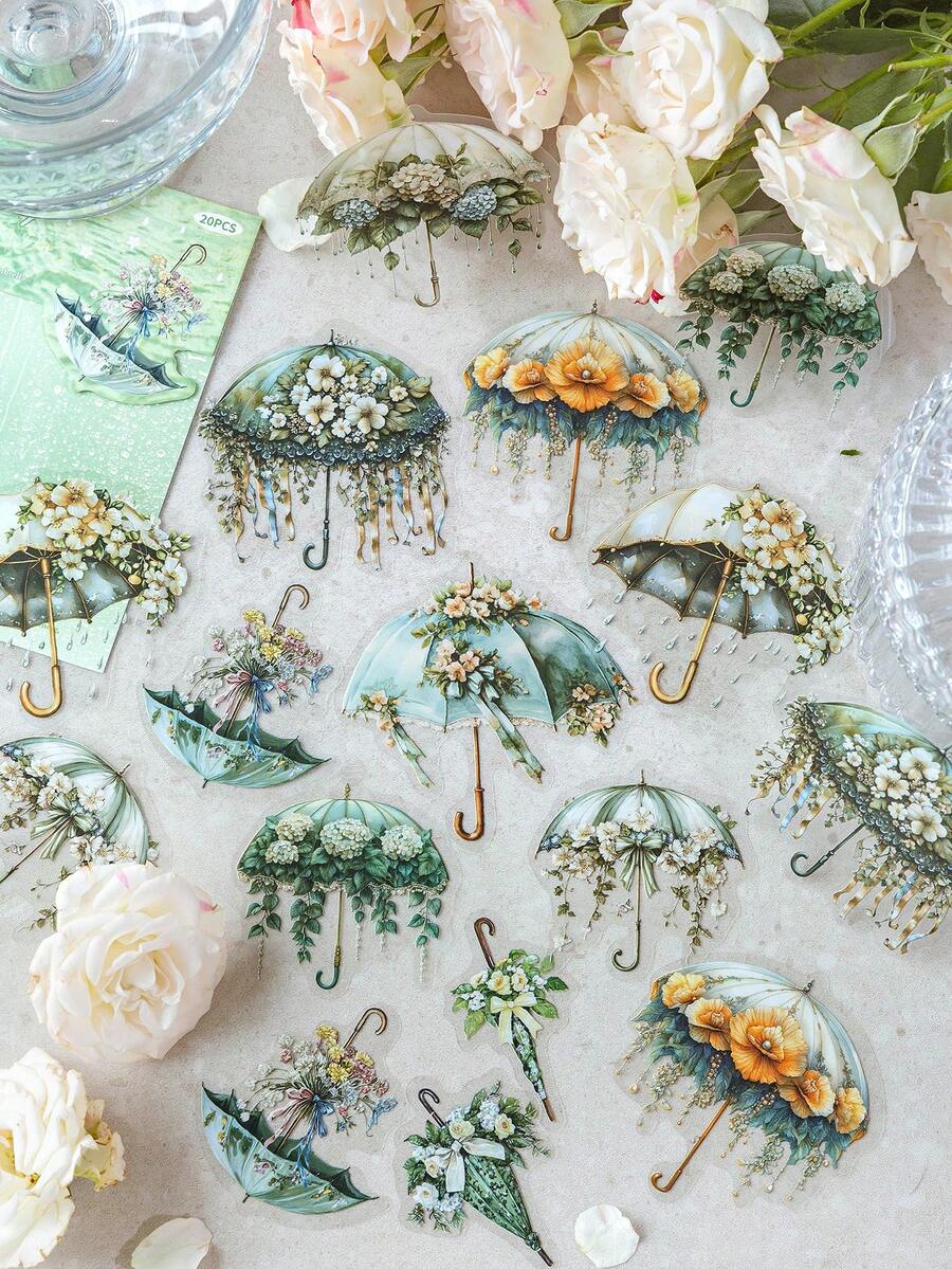 CANDY POETRY 20 张/包雨伞主题贴纸，适用于剪贴簿、创意美学贴纸贴花、DIY 装饰工艺材料、节日礼物、个性化贴纸相册、学校文具、学校用品、返校 - 綠色 - 查看 1