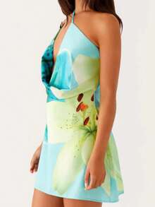 Women Slip Dress, Spaghetti Straps Backless Asymmetric Flower Print Summer Mini Dress - Khaki - View 4