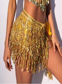 1 pieza Falda envolvente para la cintura con flecos brillantes, falda de 4 capas con flecos de lentejuelas para danza del vientre, danza latina, actuaciones de danza, adecuado para Halloween, carnaval, fiestas de baile, accesorios decorativos para la cintura