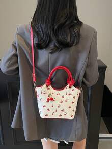 Bolso de hombro tipo cubo mini con estampado de cerezas, adecuado para chicas en verano para ir al trabajo, compras, fotografía de bodas, festivales, bolso de mujer popular - Rojo - Ver 5