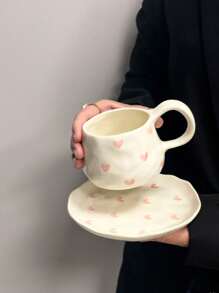 1 Pc/2 Pcs High-End Heart-Shaped Pinched Ceramic Coffee Cup & Saucer Set, Hand-Painted Pink Coffee Cup, Dessert Plate, Latte Mug, Elegant Heart-Shaped Cup & Saucer, Afternoon Tea Set, Milk Cup, Mother's Day Gift, Valentine's Day Gift, Ideal Gift Back To School