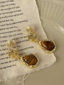 2pcs Maillard Tigereye Teardrop Clip On Earrings, Geometric Earrings No Piercing Required, Lightweight Luxury