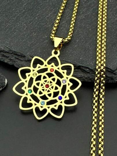 Collier du sacré cœur de Metatron des 7 chakras pour femmes, géométrie sacrée, fleur de vie, couleur de la chaîne en acier inoxydable or et argent