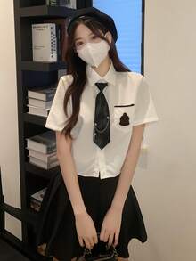 1pc Student Uniform Cosplay Set - White Short Sleeve Top + Dark Grey Pleated Skirt + Tie, 3-Piece Set, Suitable For Photoshoot, Valentine's Day, Party, Garden Date - Multicolor - View 2