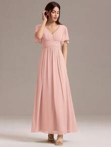 Summer Elegant Solid V-Neck Ruched Draped Chiffon Maxi Formal Pink Bridesmaid Dresses Wedding Guest Dress For Wedding - Pink - View 4