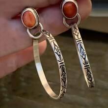 1 Pair Unique Bohemian-Inspired Vintage Turquoise Hoop Earrings - Vibrant Distressed Look, Classic Dangling Style - Ideal Holiday Party Accessory And Thoughtful Gift - 橘色 - 查看 1