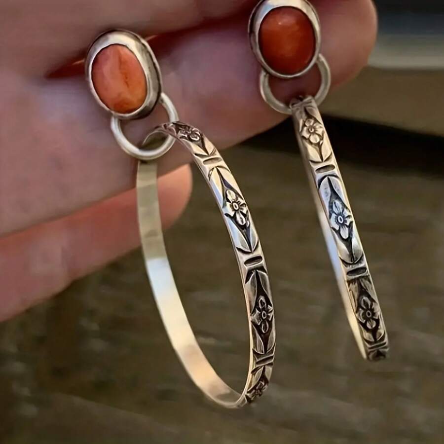 1 Pair Unique Bohemian-Inspired Vintage Turquoise Hoop Earrings - Vibrant Distressed Look, Classic Dangling Style - Ideal Holiday Party Accessory And Thoughtful Gift - 橘色 - 查看 1