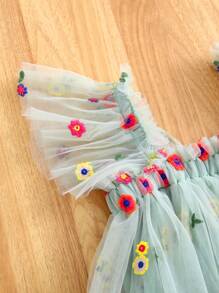 1pc Young Girls Cute Princess Glamorous Butterfly Decor Cap Sleeve Floral Embroidery Tulle Tutu Dress, Party/Birthday/Beach Vacation Dress, For Spring/Summer/Autumn