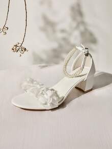 Fashionable Women High Heel Sandals, Thick Heel Floral Design Elegant Bridal White Shoes, Round Toe Fashion High Heels, Faux Pearl Strap Open Toe Square Heel French Classic Versatile Hollow Backless Low Heel Plus Size 44 Mid Heel Sandals, Valentines Winter Gifts - White - View 3