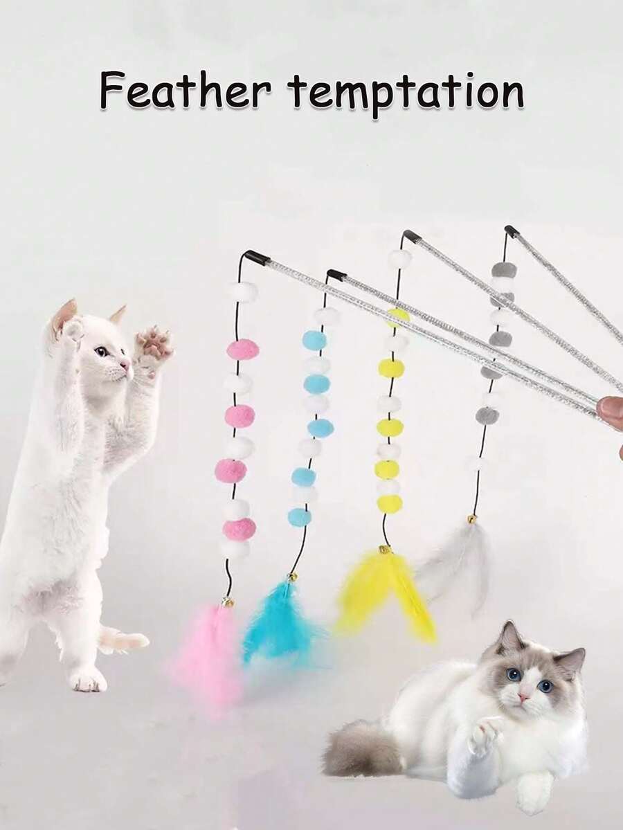 4pcs Multicolor Teasing The Cat Stick The Rod Shape Consists Of Colorful Balls And A Feather Tail Indoor Interactive Cat Toy Durable Polyester Material A Gift For Cats - Multicolor - View 1