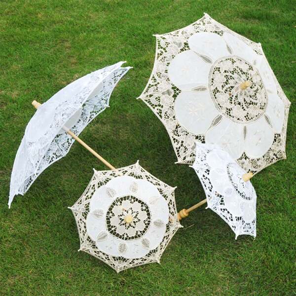 1 buc Umbrelă de nuntă elegantă din dantelă albă cu model floral aleatoriu, design floral romantic, protecție solară, mâner din lemn, potrivită pentru mirese, domnișoare de onoare și petreceri de nuntă