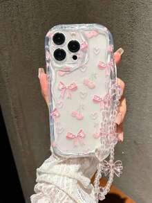 1pc Cute Pink Cherry Bow Shockproof Phone Case Compatible With IPhone 16/16 Pro Max, 11/13/14/15, 12 Pro Max/13 Pro, 15 Pro Max/XR With Teddy Bear Lanyard, Suitable For Women, Valentine's Day Gift