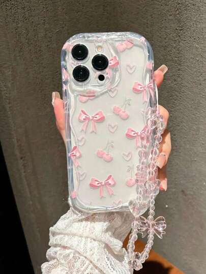 1pc Cute Pink Cherry Bow Shockproof Phone Case Compatible With IPhone 16/16 Pro Max, 11/13/14/15, 12 Pro Max/13 Pro, 15 Pro Max/XR With Teddy Bear Lanyard, Suitable For Women, Valentine's Day Gift