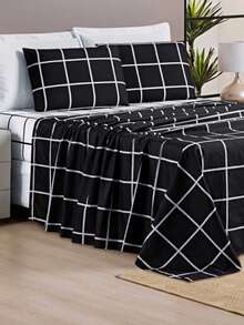 4-Piece King\Queen\Double\3-Piece Single Bed Set 200 Thread Count Percale Austin Print - 黑色 - 查看 1