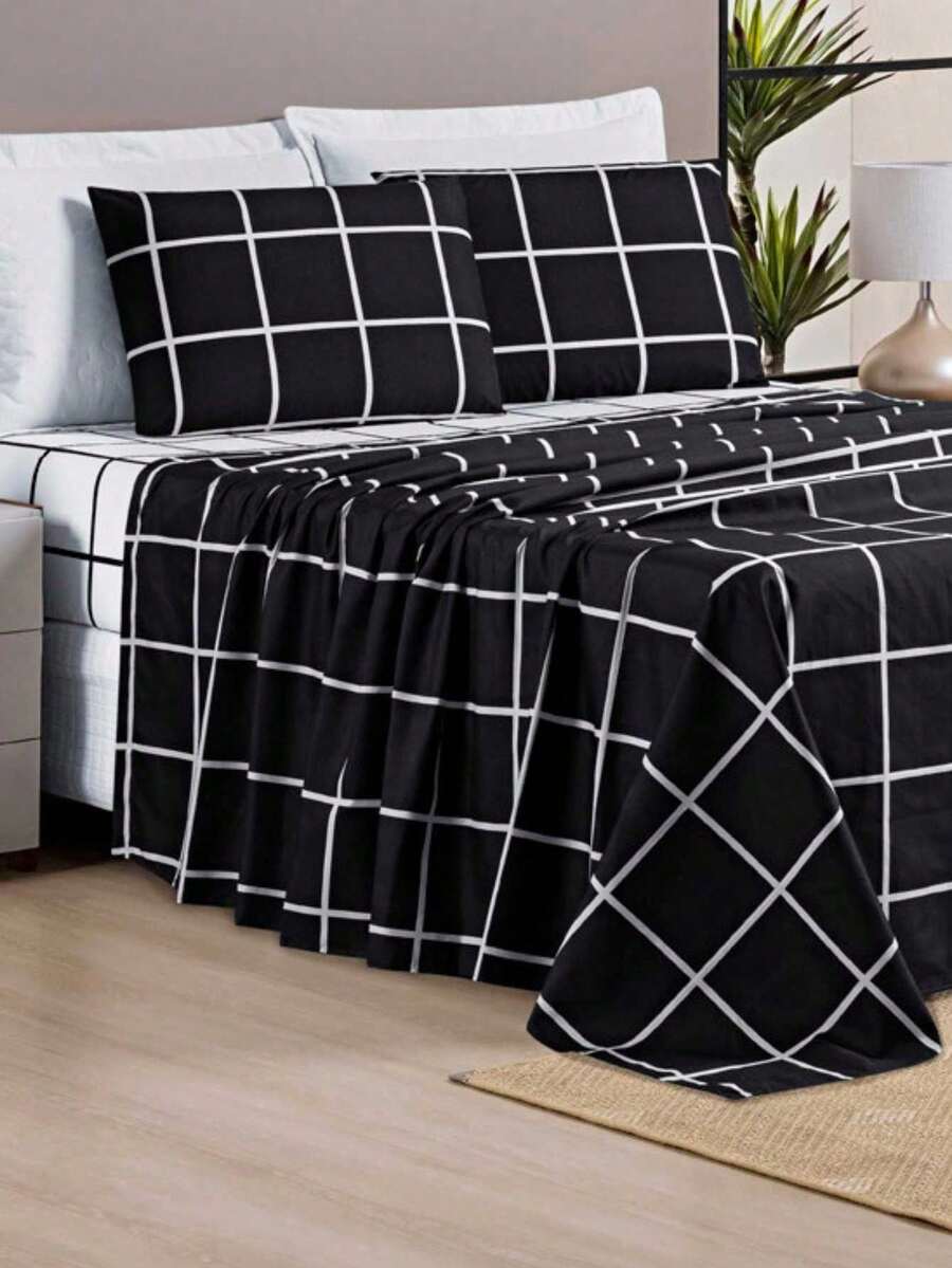 4-Piece King\Queen\Double\3-Piece Single Bed Set 200 Thread Count Percale Austin Print - 黑色 - 查看 1