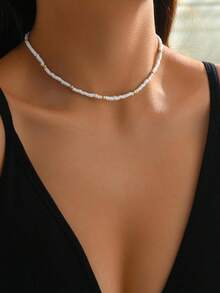 1pc Glass Bead Choker Necklace (Handmade Chain Cut To Size, Pearl Quantity & Rhinestone Size Adjustable) - Multicolor - View 1